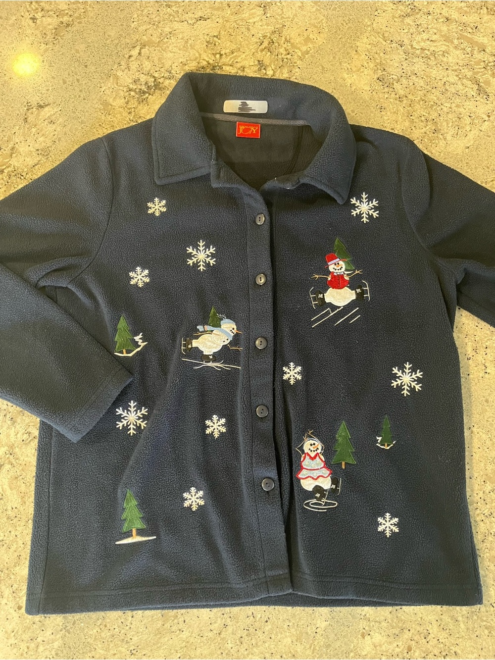 Women's Navy Holiday Snowman Fleece Jacket